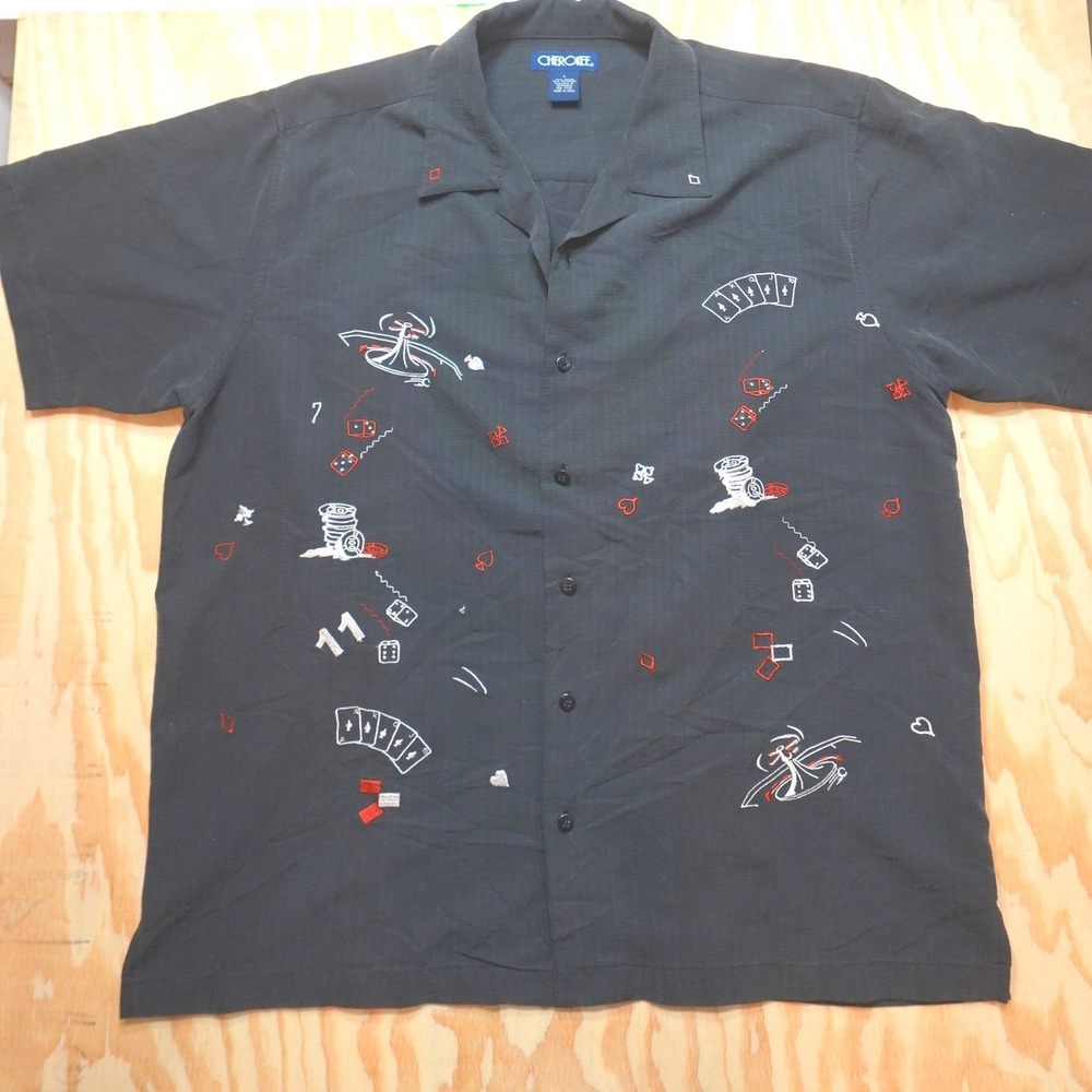 Vintage Poker Shirt Men's Large Short Sleeve Button Up Embroidered Cherokee Top
